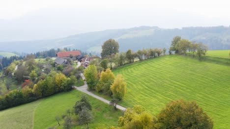 The-empty-country-road-leading-past-the-scenic-fields-at-Prevalje,-Slovenia