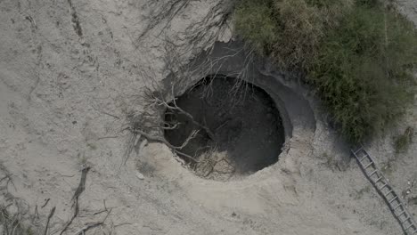 aerial super pull out top down shot of lost wild boar laying inside sinkhole in israel desert, drone shot