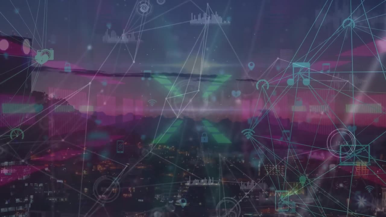Animation of connections, neon lights and icons over cityscape