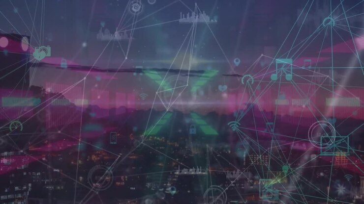Animation of connections, neon lights and icons over cityscape