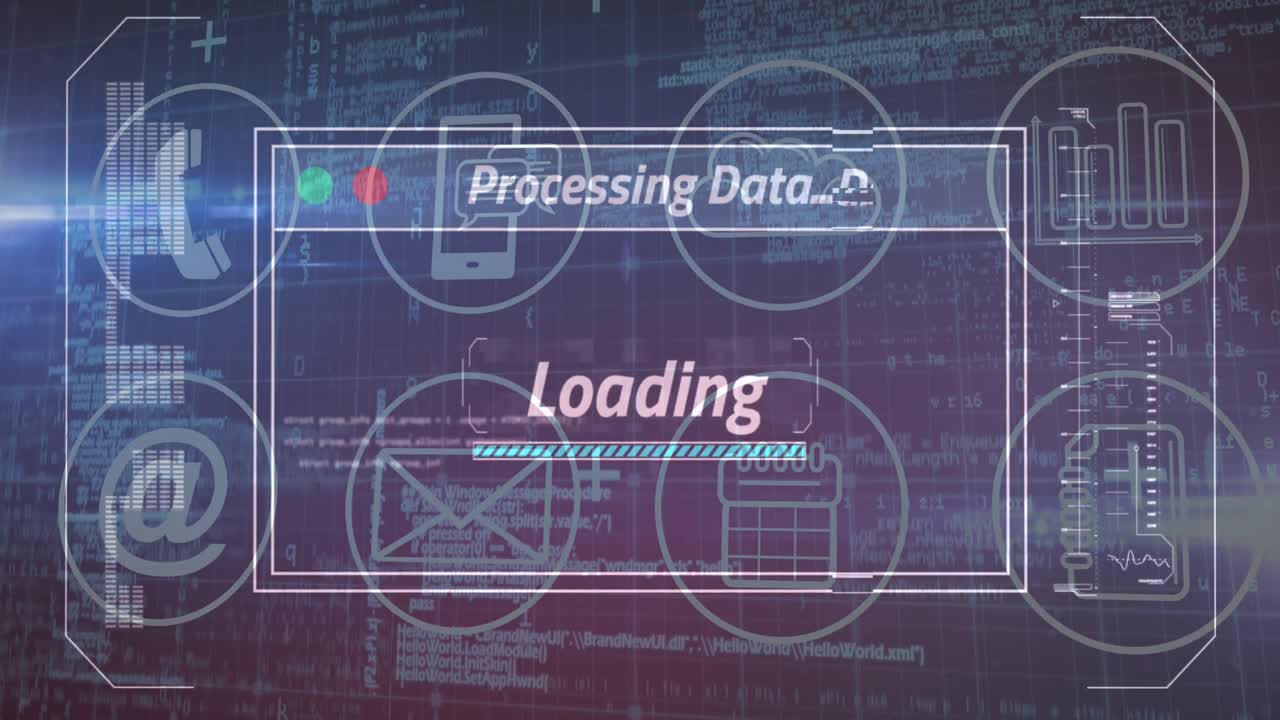 animación del procesamiento de datos e iconos sobre fondo azul