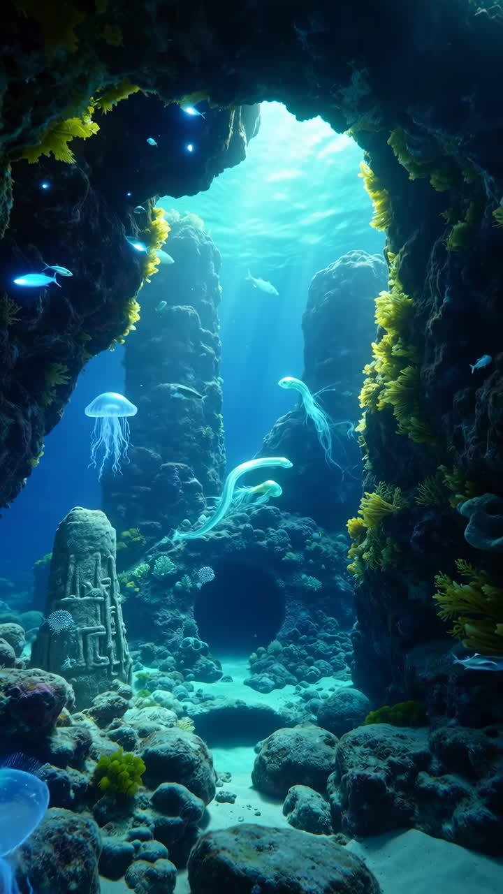 Farbenfrohe Unterwassergrotte mit Quallen, Fischen und sonnenbeschienenen Felsformationen