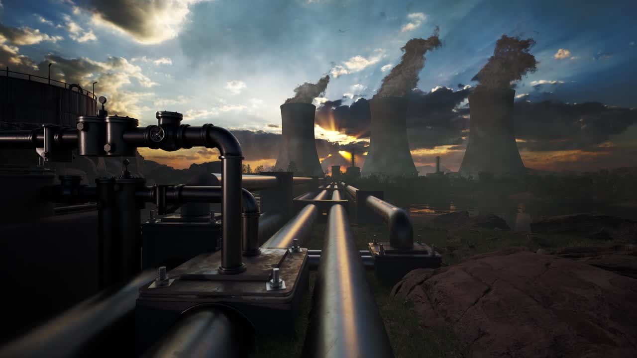Tube With Steaming Cooling Towers Of Nuclear Power Plant