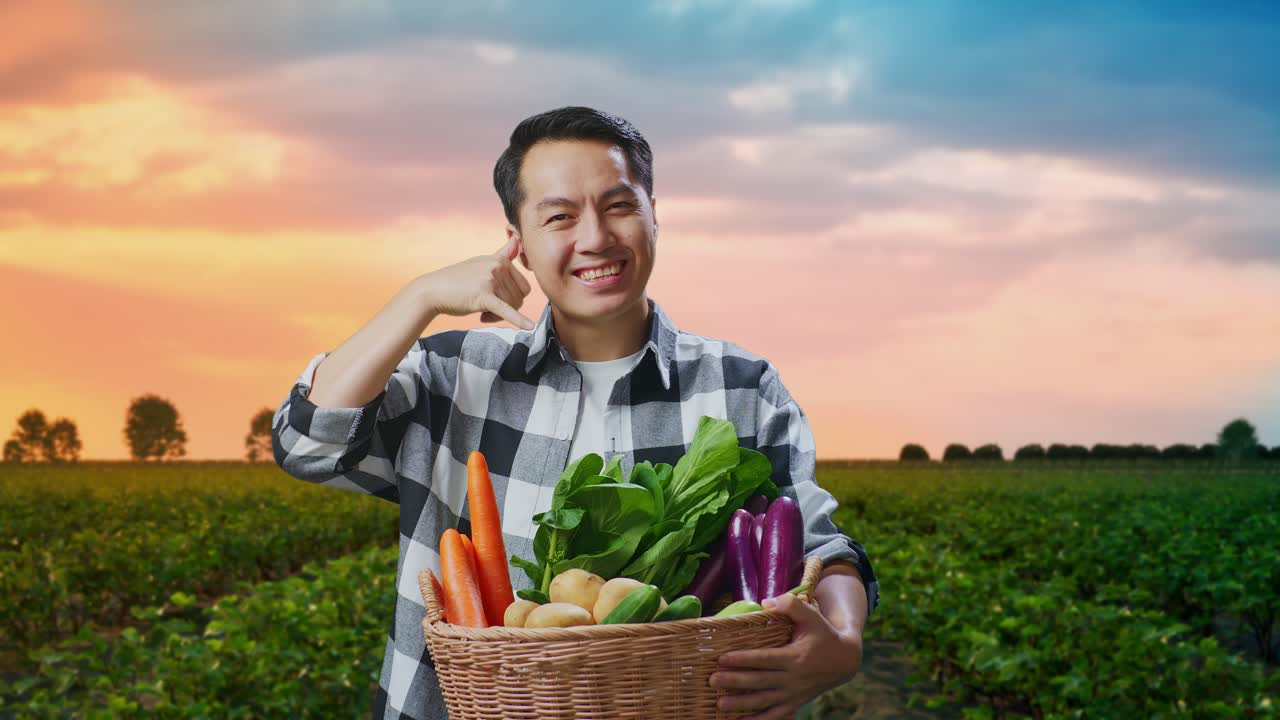 해가 지는 순간 신선한 농산물 바구니를 들고 있는 농부