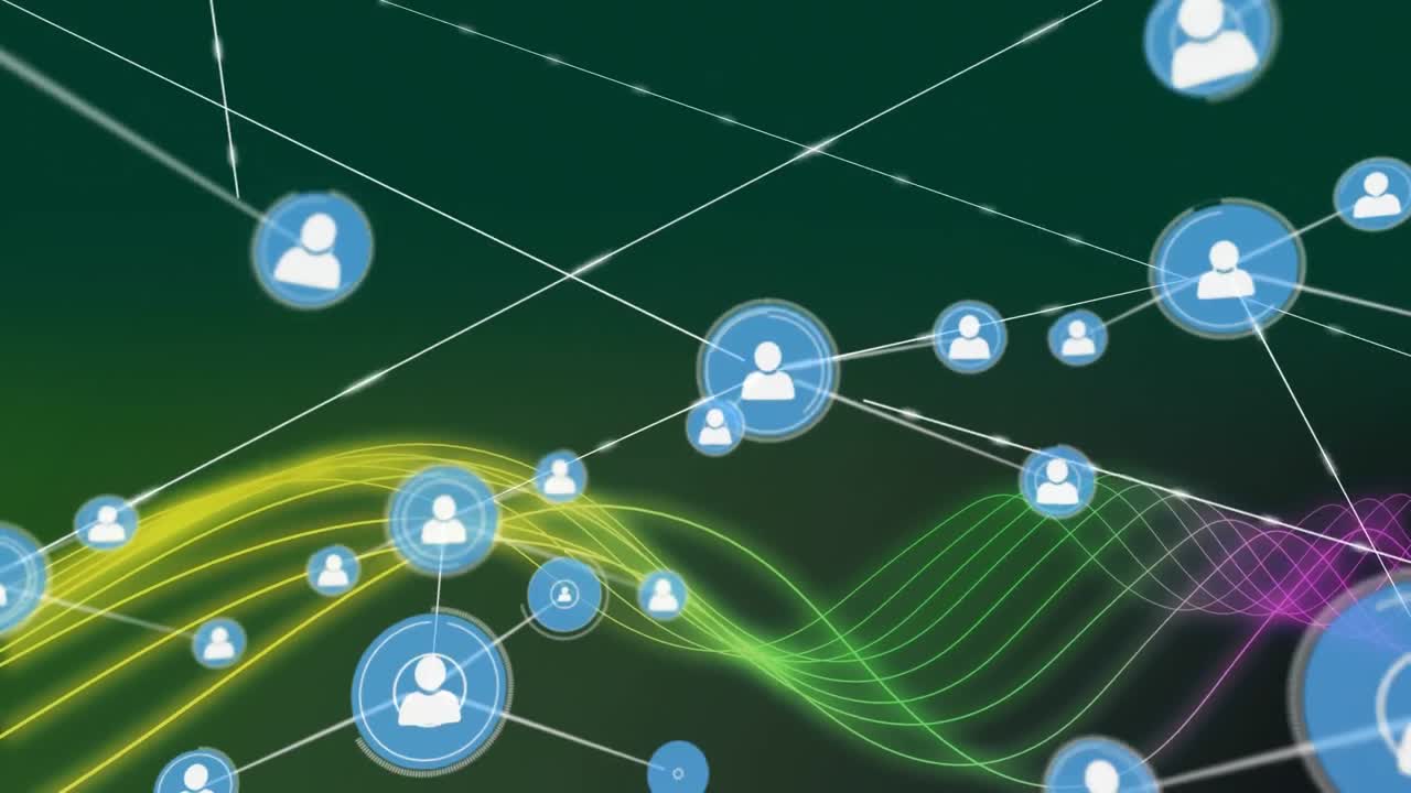 Animation of network of profile icons over neon digital wave against green background