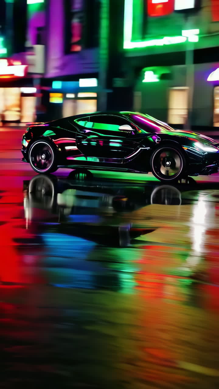 Fast Sports Car Driving at Night in the City with Neon Lights and Rainy Road