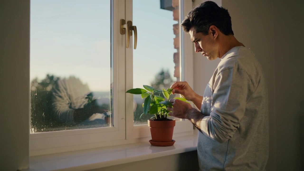 Sunlight drawing adult man in gray top inspecting pinching potted plant leaves at sill, copy space