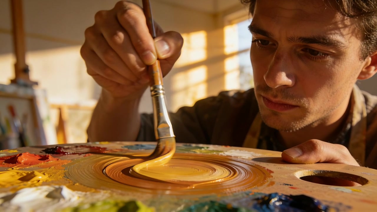 Dipping brush, painter in apron blending yellow-brown on palette at studio prepping canvas