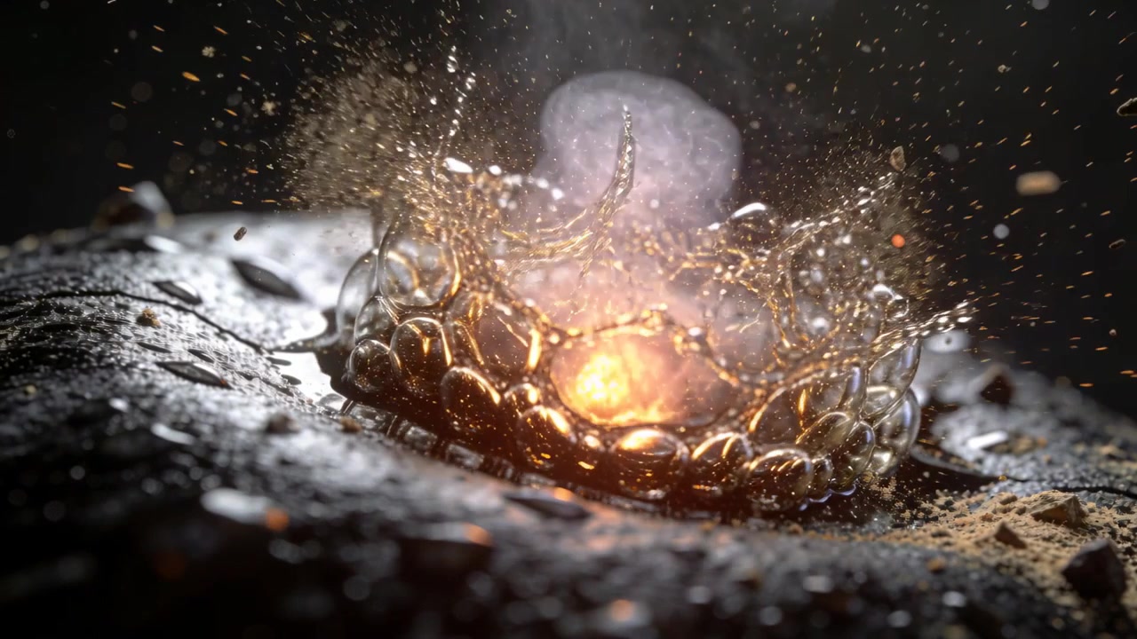 Grappolo di bolle che si gonfia e si rompe sopra un cratere, espellendo vapore, goccioline e braci dal calore del nucleo