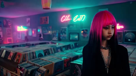 teen girl in a cyberpunk-inspired music store