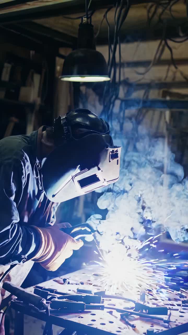 Low-angle shot of a welder in a dim workshop, sparks flying, creating an industrial, dramatic video