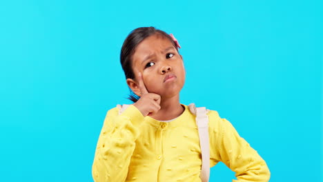 thinking, confused and girl child in studio