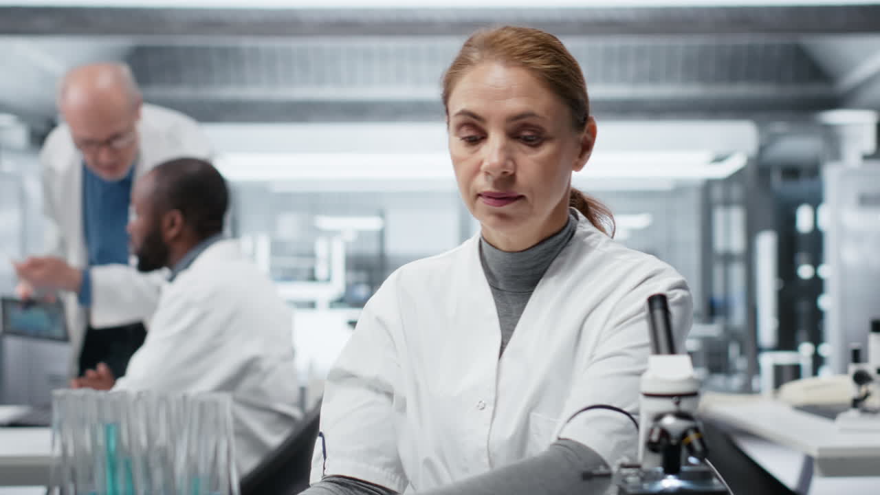 Hematology expert in lab analyzing batch of blood samples