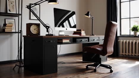 modern home office setup with brown leather chair details