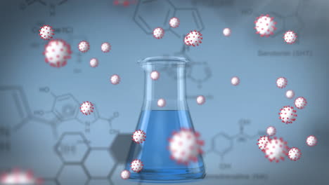 animation of covid 19 cells over chemical compound structures and flask with blue liquid