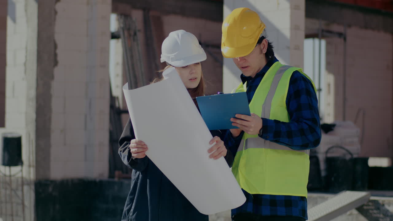 Young female supervisor holding blueprint while discussing with male construction worker writing on clipboard standing at site