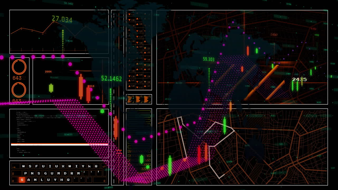 Animation of financial data processing over grid on dark background