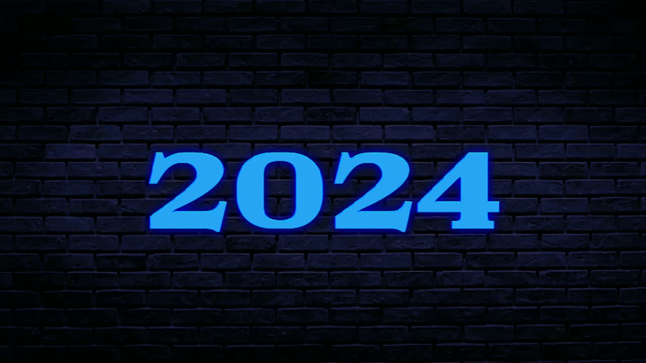 número de neón azul 2024 animación gráficos en movimiento en el fondo de la pared de ladrillo
