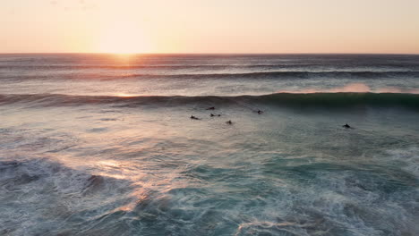 aerial view of surfers on the wave in llandudno, cape town at sunset - drone shot