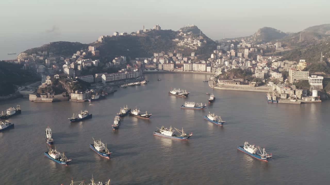 Seaside port with residental houses around, in Taizhou, Zhejiang.
