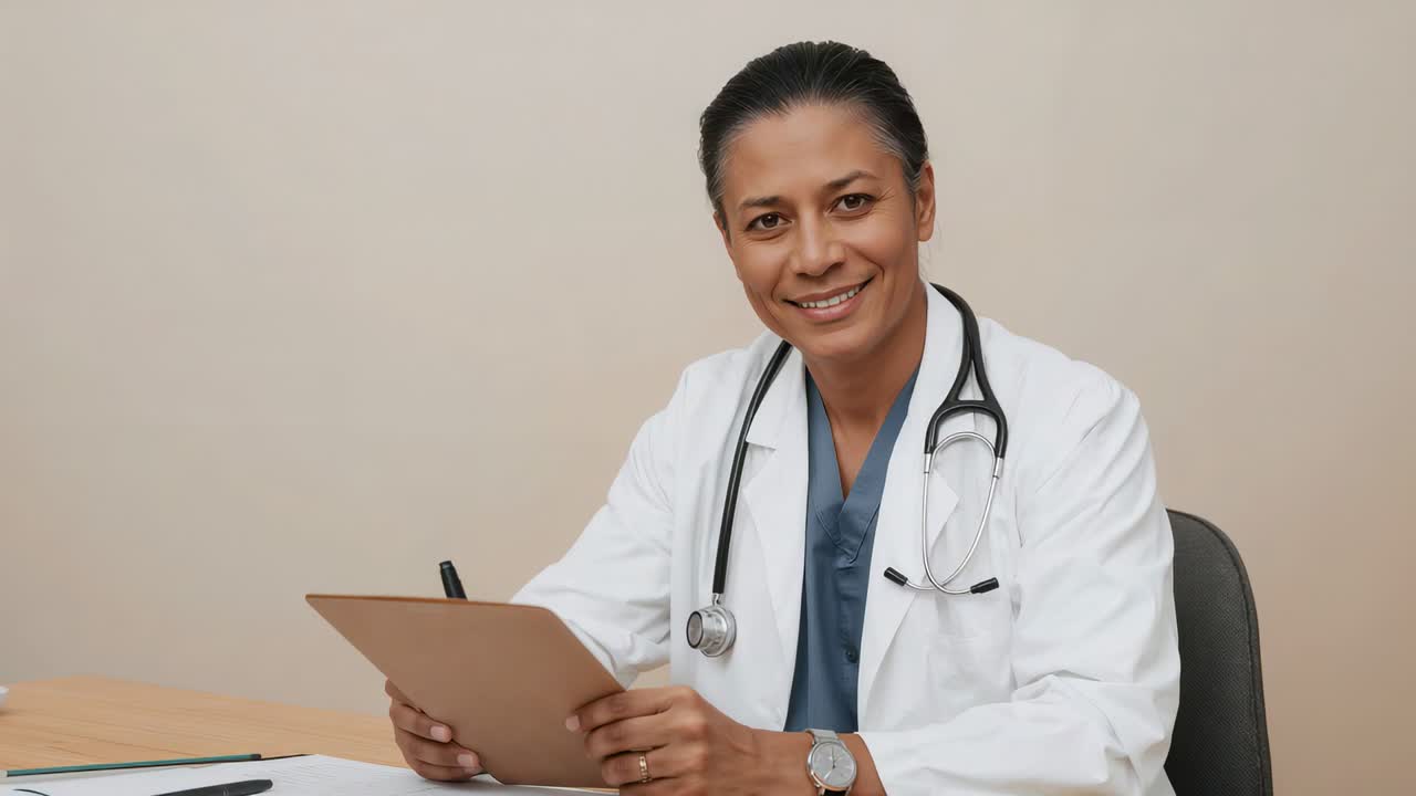 Registrazione con la camera, medico in camice da laboratorio che modifica un blocco appunti mentre si consulta alla scrivania con uno stetoscopio
