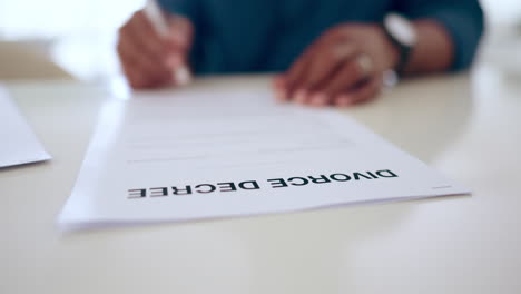 person, hands and signing documents for divorce