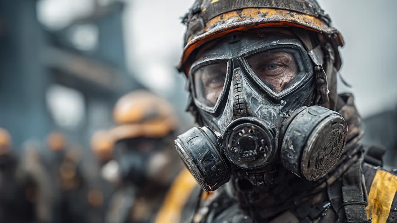 A Resilient Warrior: The Intense Gaze of a Masked Soldier Amidst Chaos, Highlighting the Courage and Determination in Harsh Environments of Modern Warfare