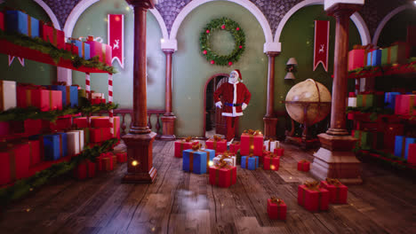 santa claus in a festive room with gifts and decorations