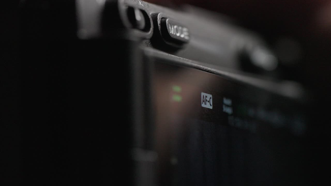 Close-up of a professional camera recording 4K video