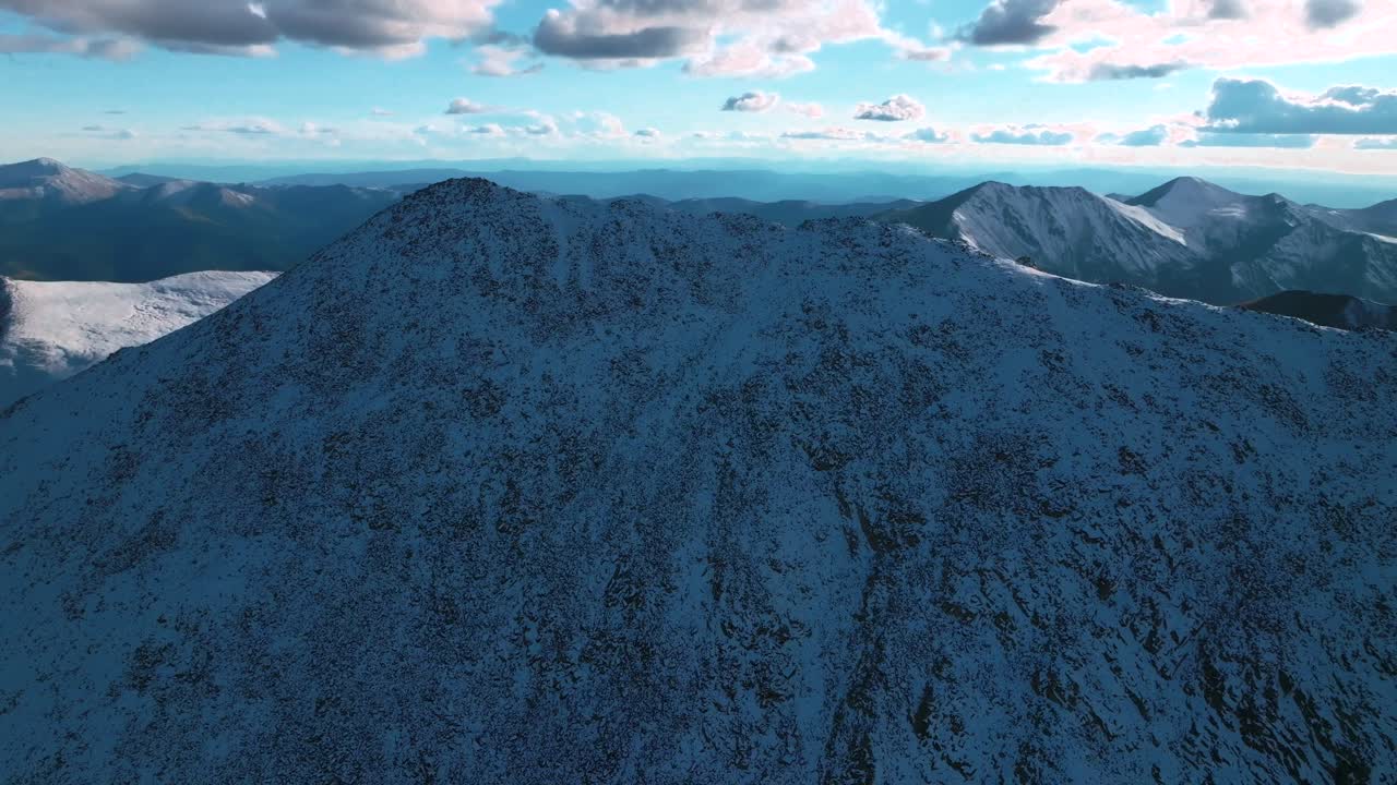 Snow dusted covered Summit of Mt Mount Shavano Tabeguache Huron Peak aerial drone Colorado golden hour Rocky Mountains Mt Elbert Sawatch Range above treeline fall autumn circle left motion