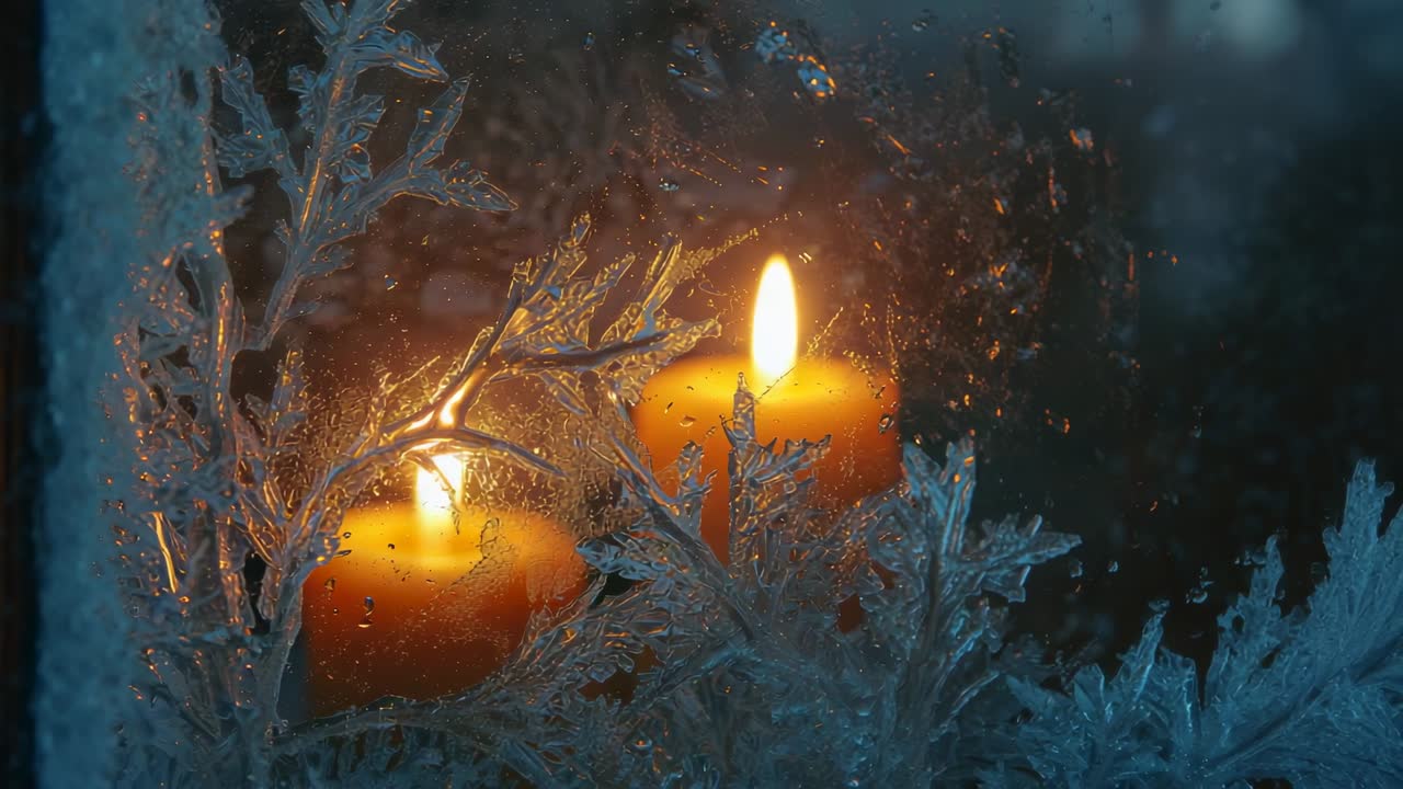 Close-up shot drawing candle flames flickering through frosted glass indoors, lighting ice crystals