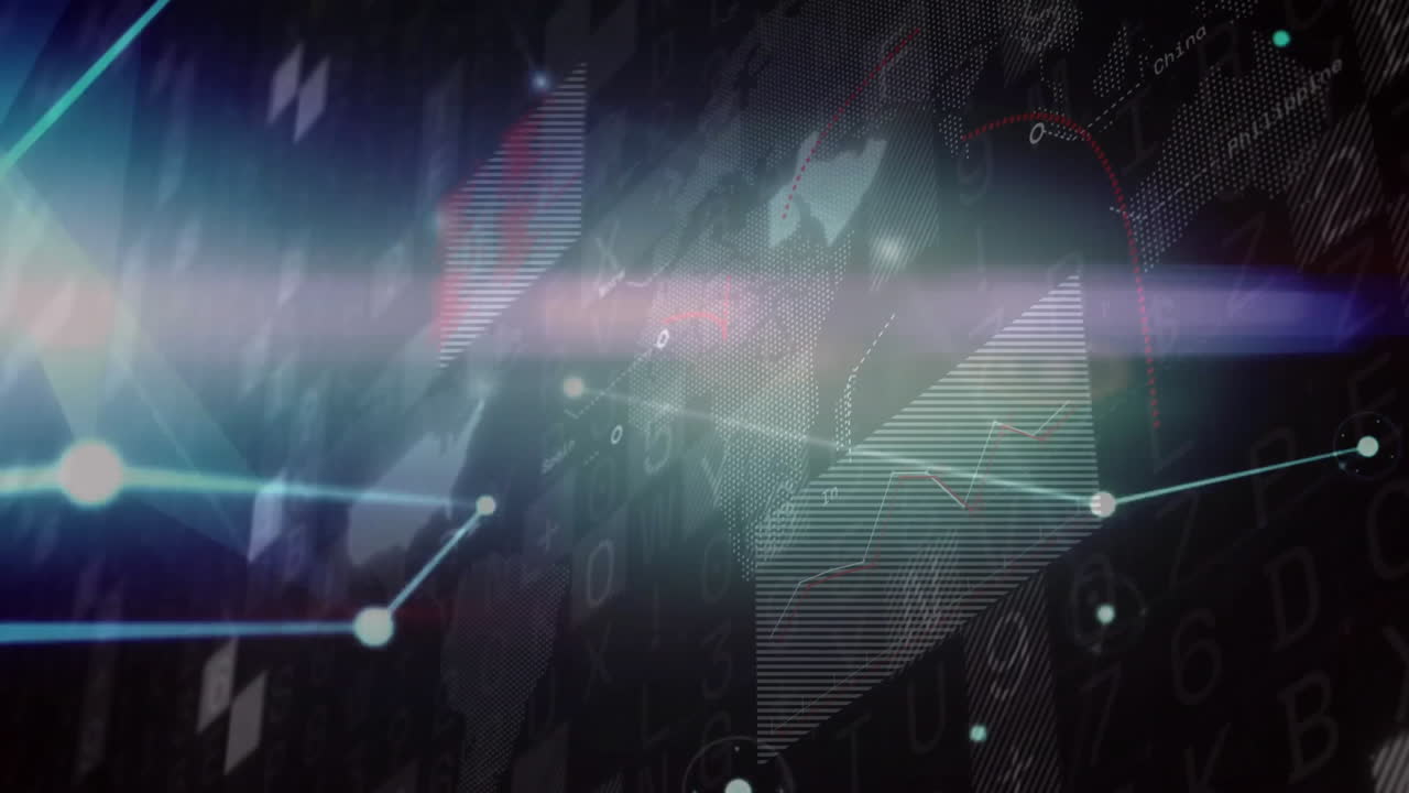 Digital animation with glowing lines and graphs on dark background, abstract theme