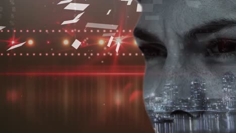 animation of monochrome male face over cityscape and glowing lights with falling confetti