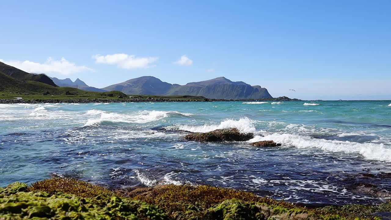 Spiaggia delle Isole Lofoten, un arcipelago nella contea di Nordland, Norvegia