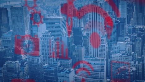 animation of multiple digital icons floating against aerial view of cityscape