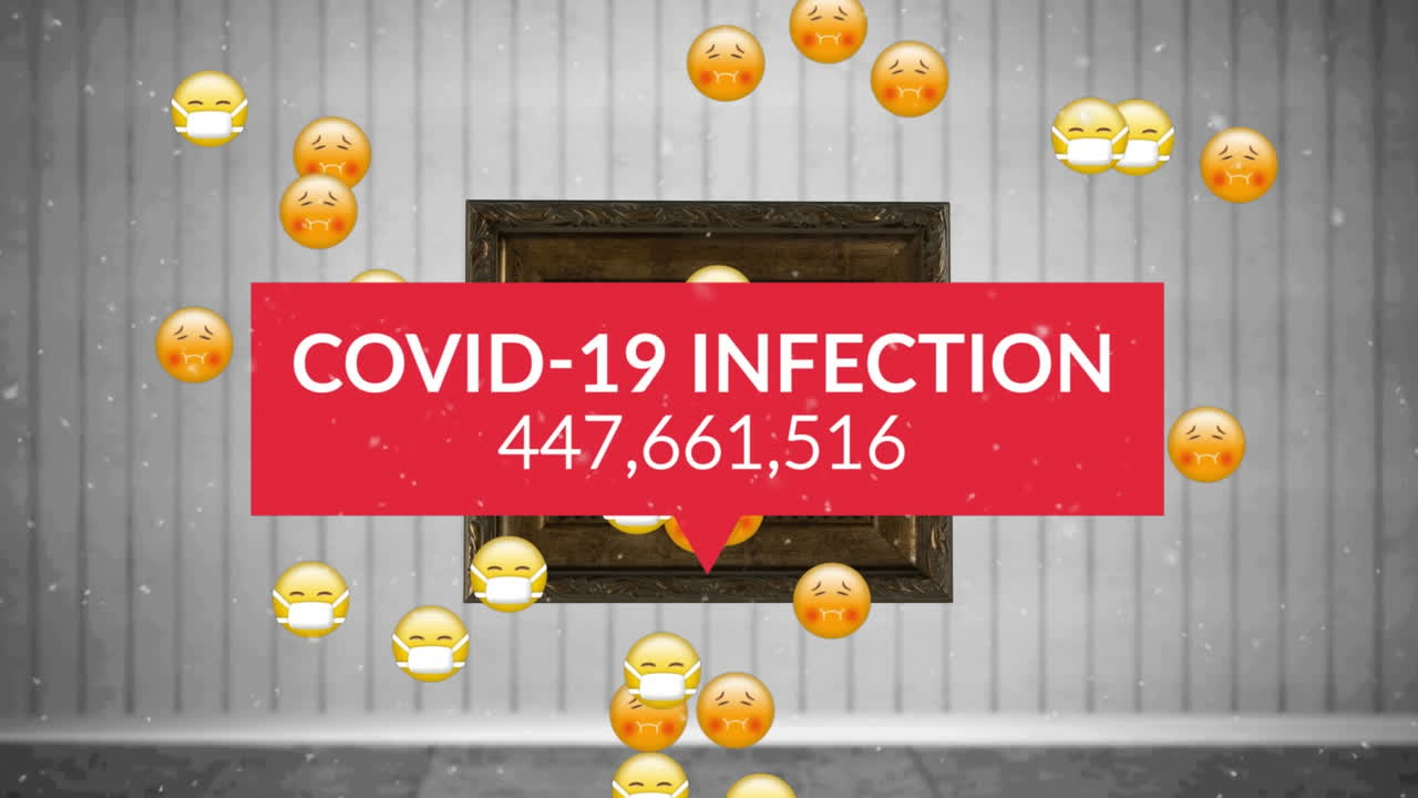 회색 배경에 여러 얼굴 이모티콘과 함께 증가하는 숫자를 가진 코로나19 감염 텍스트