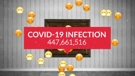 covid-19 infection text with increasing numbers against multiple face emojis against grey background