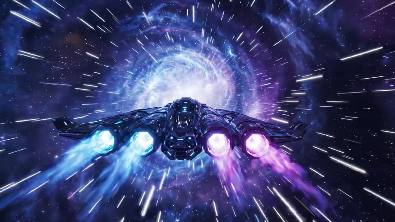 Un'astronave futuristica naviga attraverso un vibrante wormhole cosmico, circondata da un vortice di luce ed energia colorata, suggerendo un'esplorazione sconfinata oltre l'universo