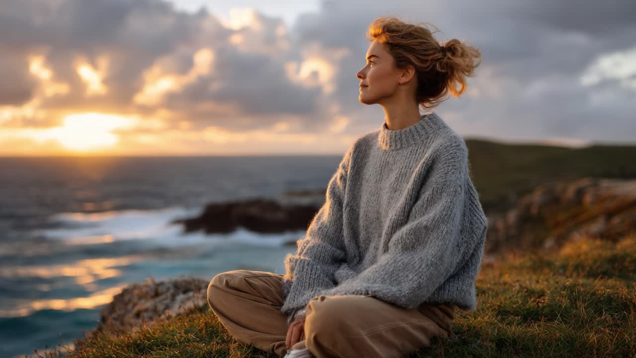 A Peaceful Moment of Contemplation by the Ocean at Sunset, Capturing the Tranquility and Connection with Nature While Embracing the Gentle Evening Breeze