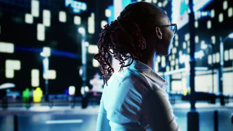 smiling woman walks on city boulevard