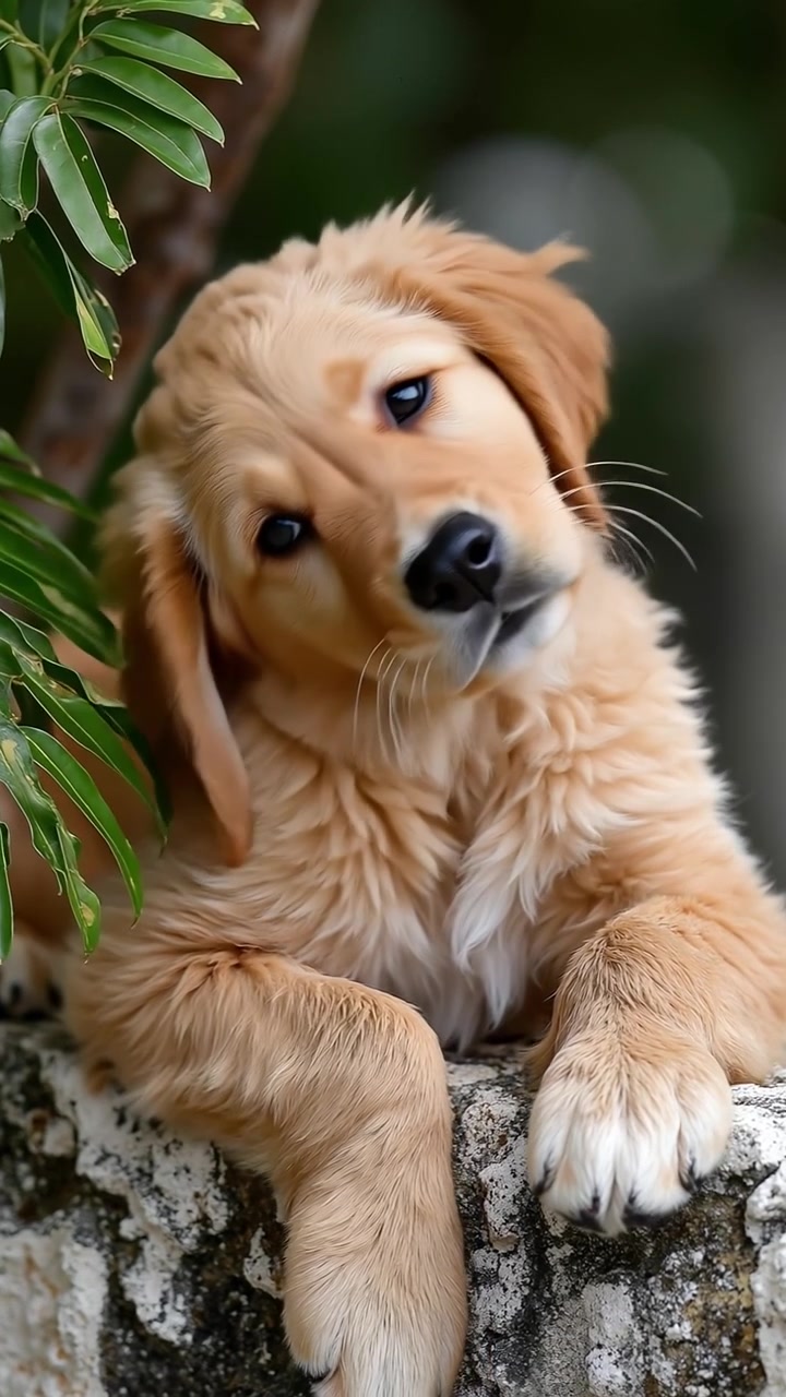 Un cachorro de golden retriever apoya su cabeza y patas en un muro de piedra en un jardín.