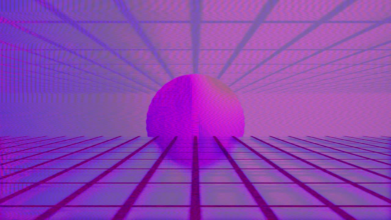 Sfondo a griglia con glitch in stile Vaporwave e distorsione digitale al neon