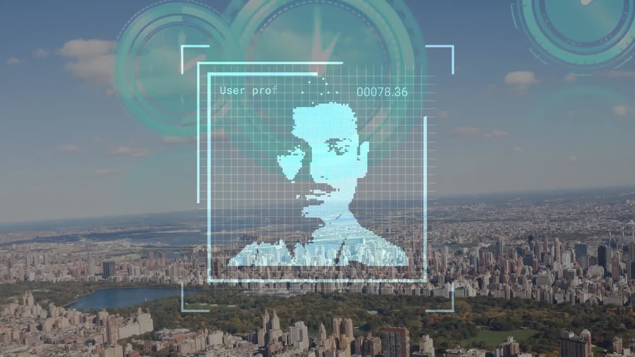 Animace zpracování dat s rozmanitými ikonami lidí nad hodinami a panoramatem města