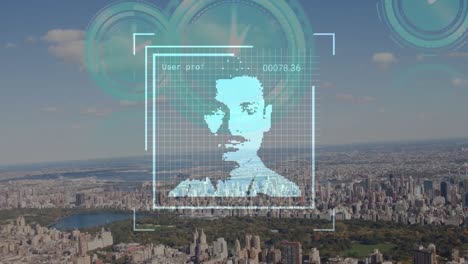 animation of data processing with diverse people icons over clocks and cityscape