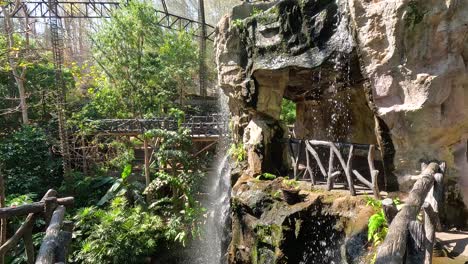 waterfall cascading near cave and lush greenery