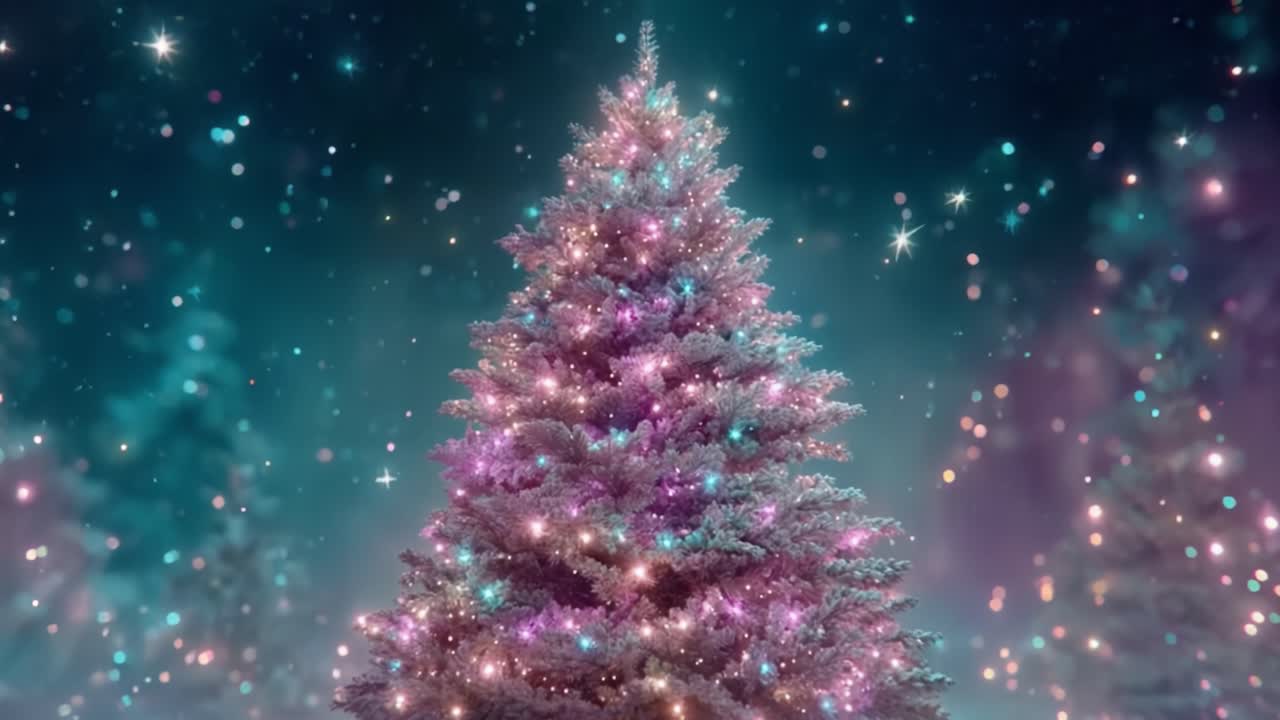 A Sparkling Christmas Tree Shining Bright in a Magical Winter Wonderland, Adorned with Colorful Lights and Sparkling Snowflakes in the Background