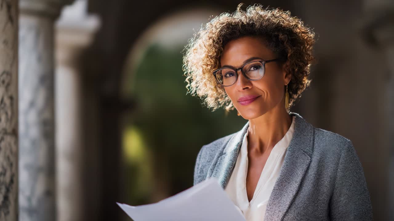 Confident Professional Woman with Curly Hair and Glasses Holding Documents in a Stylish Outdoor Setting, Exuding Empowerment and Elegance in a Bright, Natural Environment