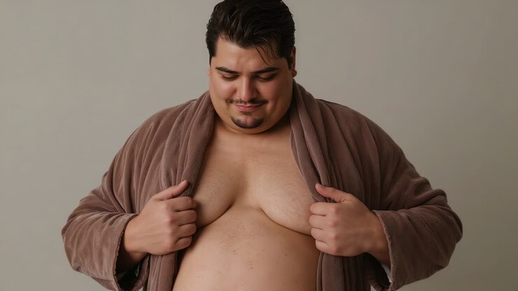 Con le mani che trattengono i risvolti della vestaglia, un uomo alza lo sguardo verso la fotocamera per un ritratto dopo l'input in studio, vestaglia marrone