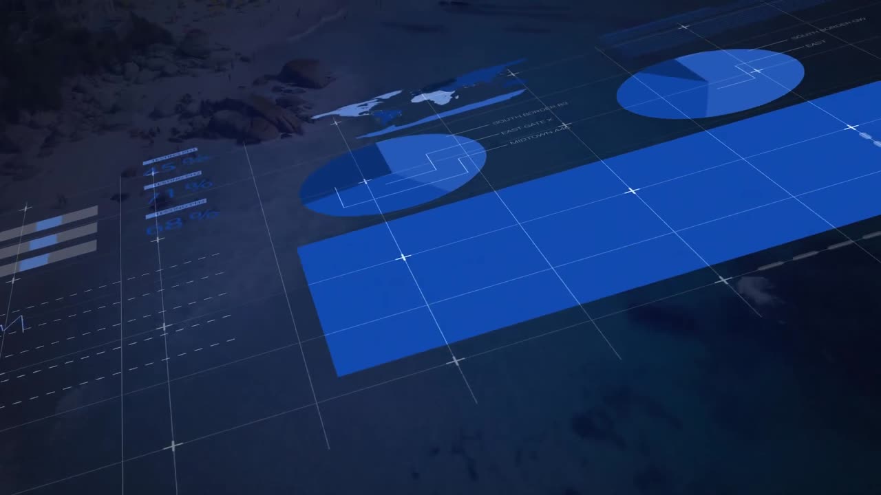 animación del procesamiento de datos estadísticos en comparación con la vista aérea de la playa.