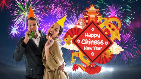 animation of happy chinese new year text, with dragon and temples, celebrating couple and fireworks